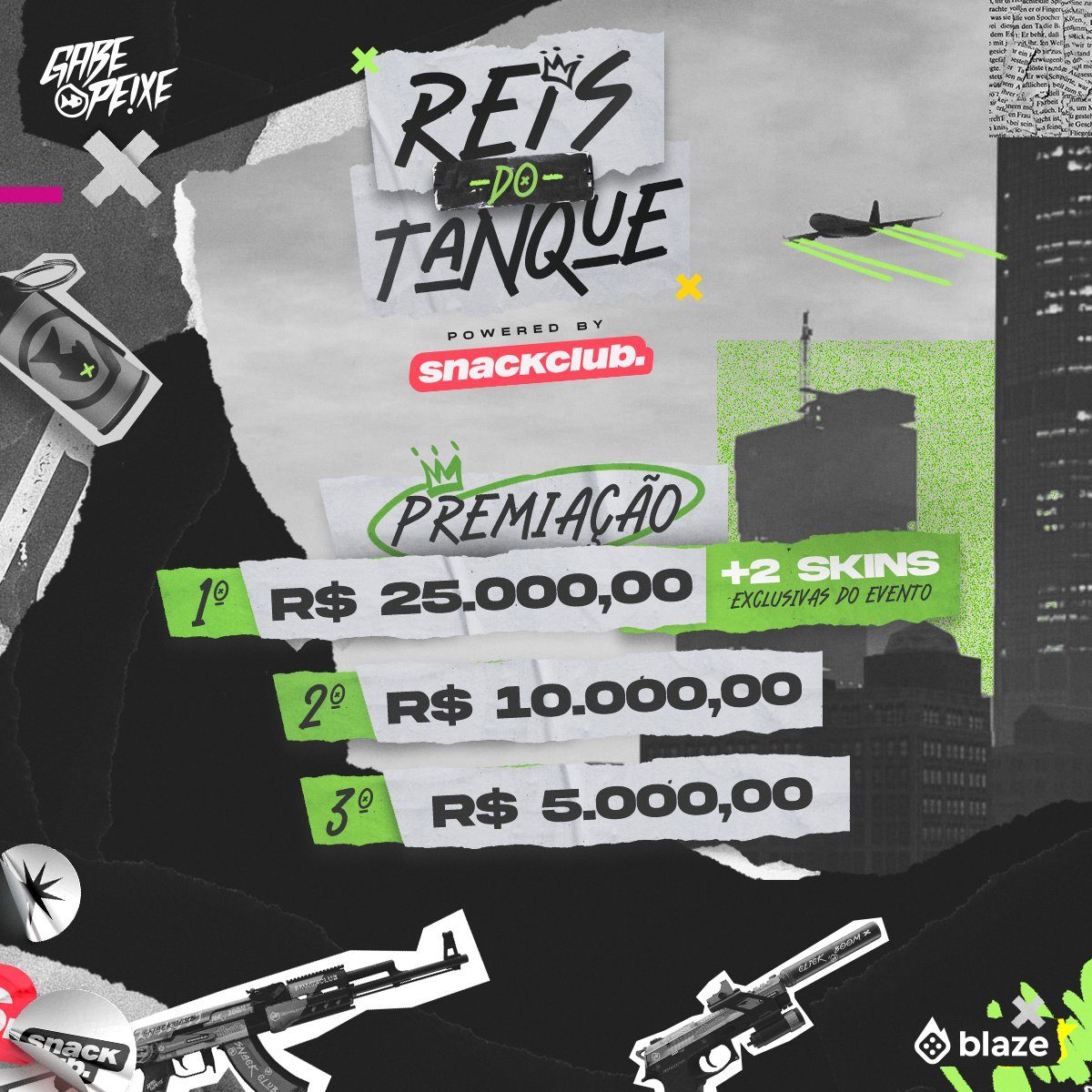 OS REIS DO TANQUE TÁ ON!! 🔥

A bala vai comer dentro do <a href="/cidadealtarp/">CIDADE ALTA</a>, mas se tem SNK envolvido tem premiação braba, né? Vão ser R$ 40 mil em disputa e mais 2 SKINS EXCLUSIVAS DO EVENTO!

E quem vai levar você descobre na live do <a href="/loud_gabepeixe/">Gabepeixe🧡</a> no domingo, dia 06/11 😉