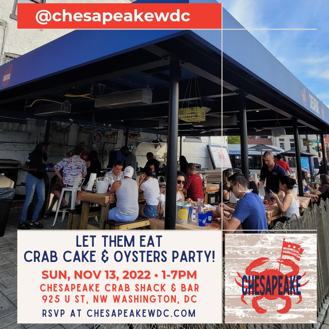 chesapeakewdc's tweet photo. You asked for Crab Cake, so we're giving you Crab Cake! Join us on Sunday, November 13th from 1-7PM for a "Let Them Eat Crab Cake &amp; Oysters Party"‼️ 🦀🎂🦪

Details &amp; RSVP: https://t.co/wBVjkkgBgj https://t.co/uZGbeH0ctO
