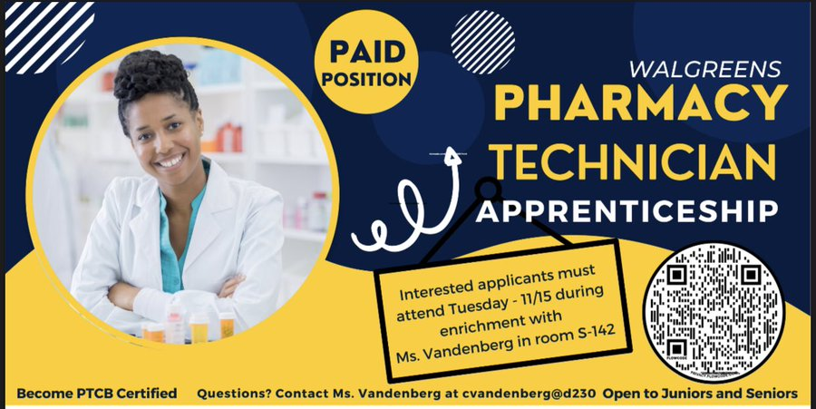 CSBusinessDept's tweet photo. Interested in a career in the medical field or as a pharmacist? Learn how to apply for the @Walgreens Pharmacy Technician Apprenticeship program and make some money while earning your PTCB Certification #earnwhileyouleanr #cscte #csseniorleader @SandburgHS @Vandy88CL https://t.co/H7vRI9006Y
