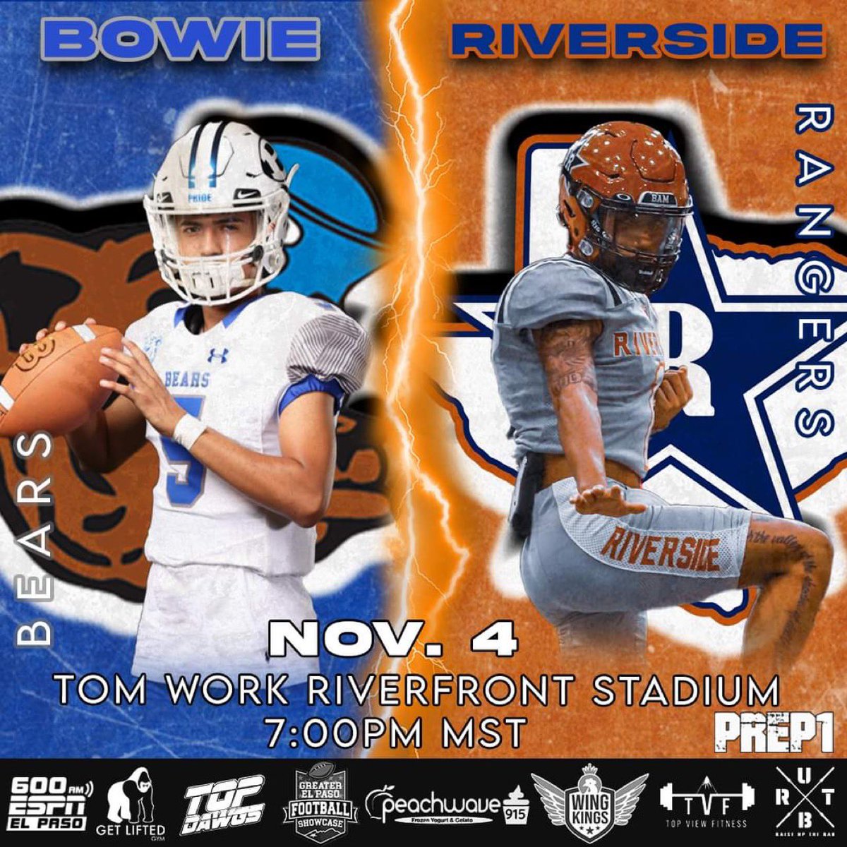 ⚡️#PREP1 ➲ West Texas
🏈 𝙂𝙖𝙢𝙚𝘿𝙖𝙮 𝘾𝙤𝙫𝙚𝙧𝙖𝙜𝙚 • 11/04/22
#TXHSFB “𝕃𝕀𝕍𝔼” 7:00pm MST 

Bowie Bears 
🆅🆂 Riverside Rangers

 [◉"] ➲ <a href="/iv_takes/">Irvin_Vazquez</a> 

#915Showcase | #FFN600 | #TopViewFitness | #TopDawgs |#Prep1Famous | #Prep1Athletes