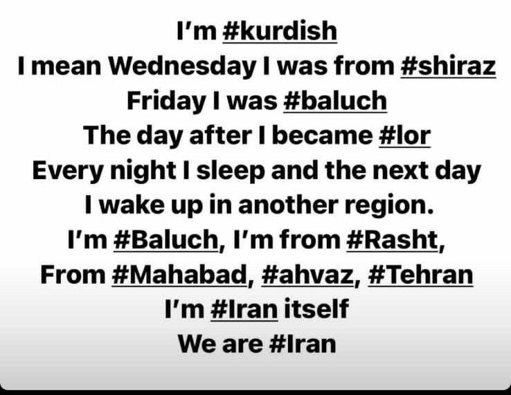 Ftm1121's tweet photo. No matter from which region of iran we are! We are all the same..with a same goal..the whole iran is my home..🏳️✌🏻 #MahsaAmini #IranRevolution #مهسا_امینی https://t.co/KD24VNtrJw