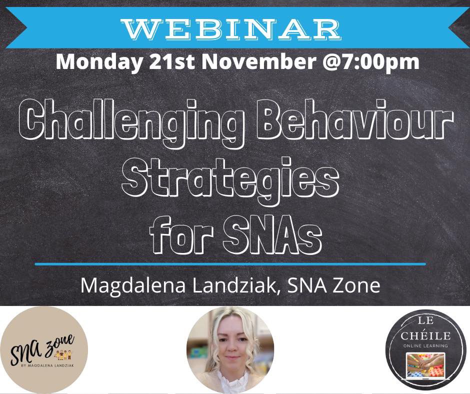 ➡️Challenging Behaviour Strategies for SNAs Webinar

➡️Presented by Magdalena Landziak

This webinar will be recorded and shared with all registrants.

<a href="/SNAsSpeakOut/">SNAsSpeakOut (Carol) #RespectForSNAs 💙</a> @Equality4SNAs  <a href="/SNAAGIre/">SNA_Advocacy_Group</a> 

lecheileonlinelearning.ie/webinars/snas/…