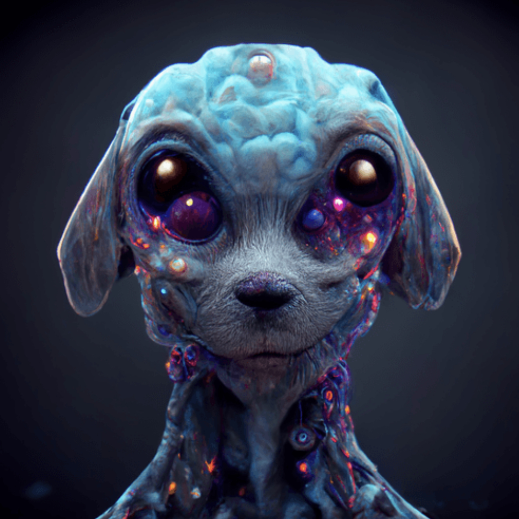 This is Nebula ...🐶👽
She used her creation magic to build a safe kingdom for her people, and uses her twilight manipulation to elongate the sunset over her jewel covered castle. 
#nfts #dogliens