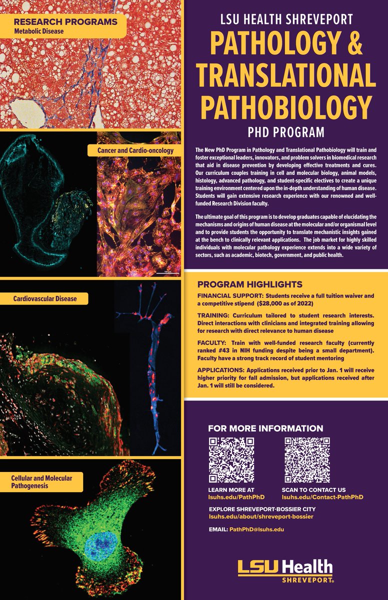 Excited to announce a new Graduate Program in Pathology and Translational Pathobiology at LSU Health Shreveport!!!  We are accepting applications now for the Fall of 2023!  Anyone interested can contact us at PathPhD@lsuhs.edu for more information.