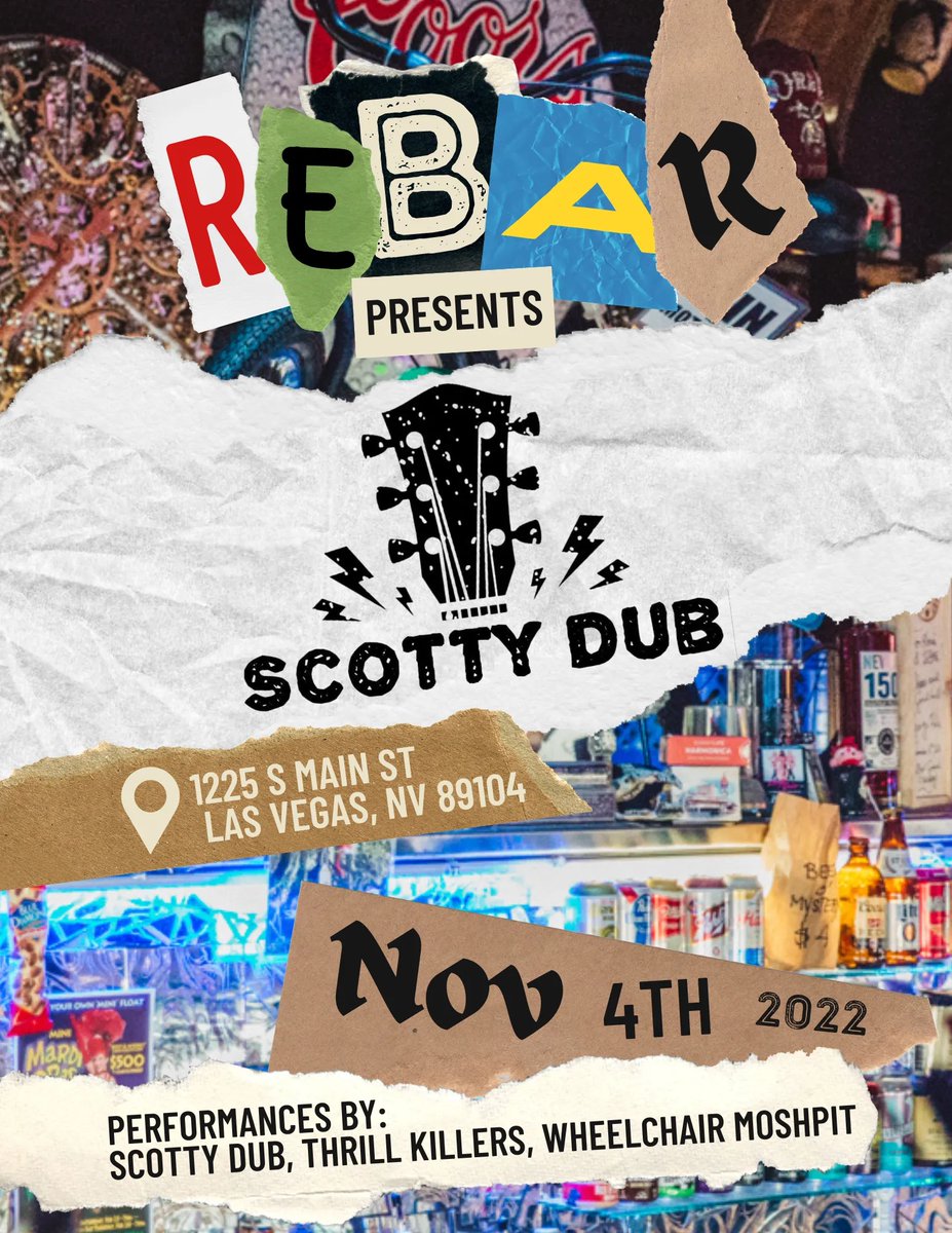 It's FIRST FRIDAY, and we're celebrating with SCOTTY DUB and special guests WHEELCHAIR MOSHPIT and THRILL KILLERS! The FREE LIVE MUSIC starts at 8 and lasts into the wee hours.
END YOUR FIRST FRIDAY WITH US!!

#rebarlv #getdrunkandbuyshit  #firstfridaylv