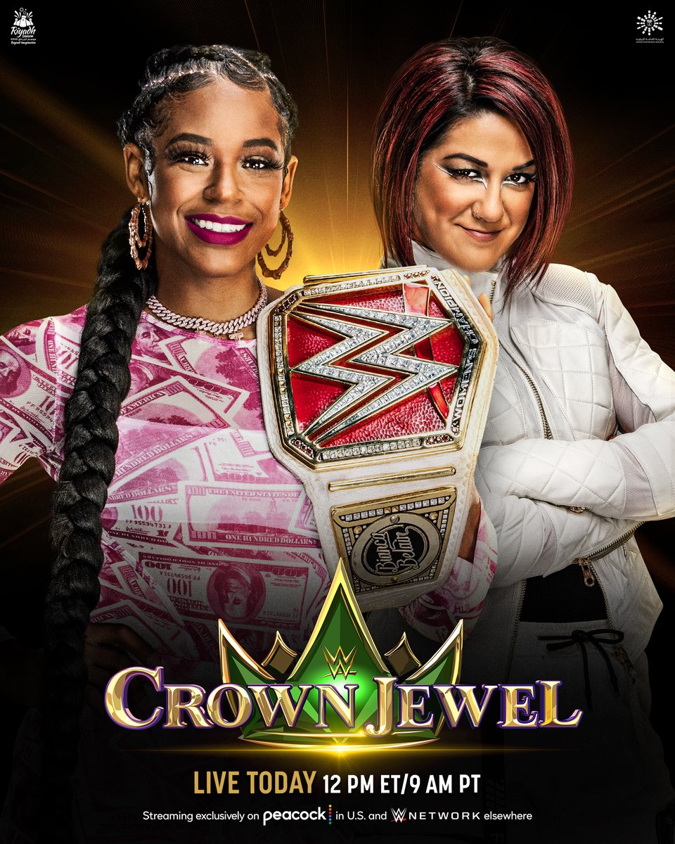 WWE's tweet photo. #WWERaw #WomensTitle on the line TODAY at #WWECrownJewel as @BiancaBelairWWE faces @itsBayleyWWE in a #LastWomanStanding Match!

12PM ET/9AM PT
Streaming exclusively on @peacock in U.S. and @WWENetwork everywhere else.

🦚: https://t.co/ZYCUeRocL1
🌎: https://t.co/aEwGYUp0uE https://t.co/KRmJZXU4c3