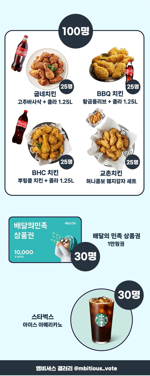 DC_mbitious's tweet photo. 📍11/8(화) 엠비셔스 스맨파 파이널 문자투표 이벤트 안내📍

📍응모 폼 : https://t.co/mwhVWaeKdk

본 트윗을 RT하신 두 분을 추첨해 배달의민족 3만원권/교촌 레드콤보 세트를 드립니다🫶

#RT이벤트 #엠비셔스 #스맨파 #아이패드 #에어팟 #갤럭시워치 #골프 #야구 #농구 #배구 #치킨 #배민 #스벅 https://t.co/Xvgv68quCi