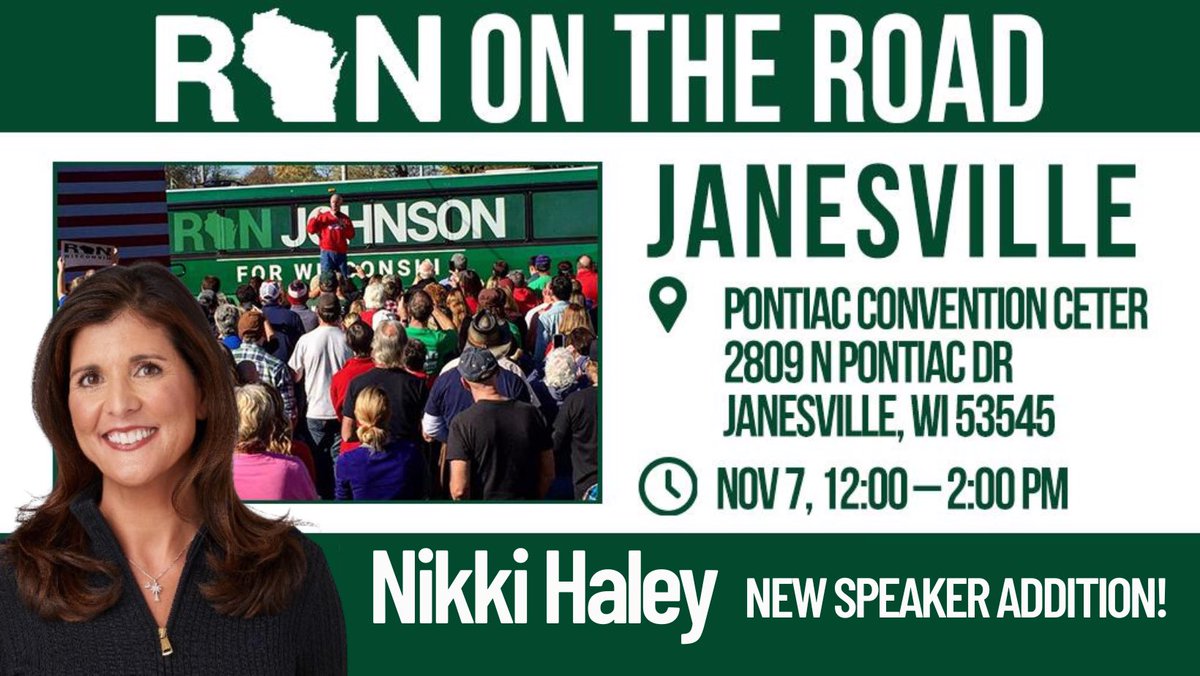 1stForRon's tweet photo. Join Nikki Haley and more! We are excited to show our support for @RonJohnsonWI and send him back to Washington for 6 more years! https://t.co/58Hy9aR1FJ