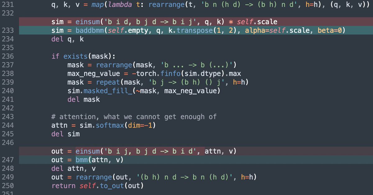 made #stablediffusion 19% faster on Mac by replacing einsum(…, q, k)*scale with baddbmm(…), and einsum(…, attn, v) with bmm(…).
baddbmm is 99% faster than the einsum+multiply.
bmm is 15% faster than the einsum.
8 Heun steps
10.4s -> 8.7s
PyTorch nightly 1.14.0.dev20221103
