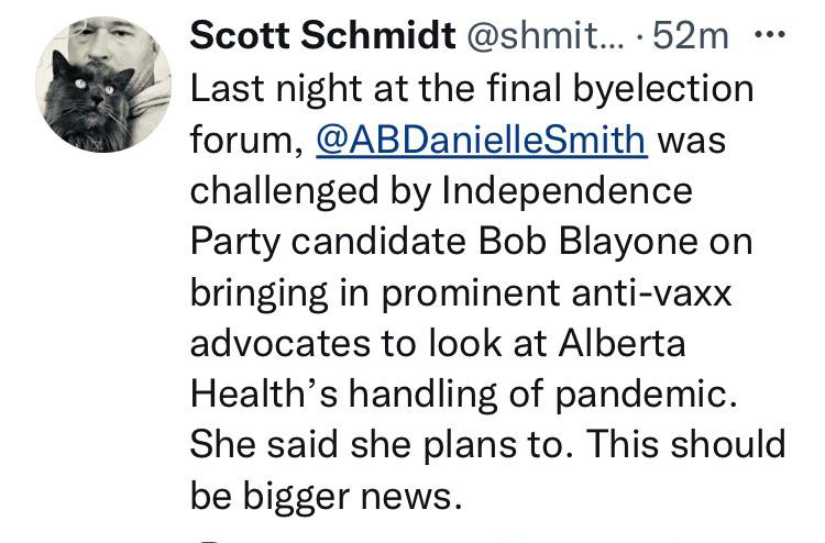 CupeAB's tweet photo. Danielle Smith is dangerous. Last night she announced plans to bring prominent (and widely discredited) anti-vaccine activists into Alberta Health. We need a new government, free from conspiracy theories and dangerous anti-scientific influences.

#ableg #abpoli #yyc #calgary https://t.co/64kWFJA7mS