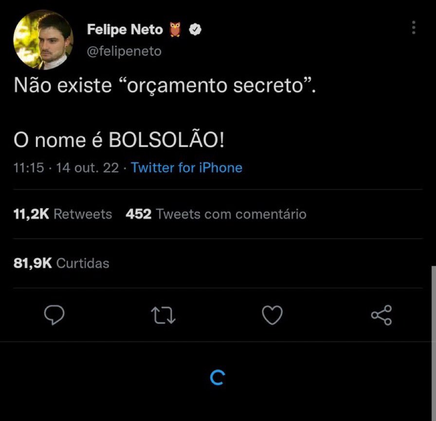 Felipe Neto não quer que você saiba que o Orçamento Secreto era chamado de Bolsolão, e por isso apagou este tuíte.

Você obviamente não vai dar RT pois gosta muito da coerência desse rapaz