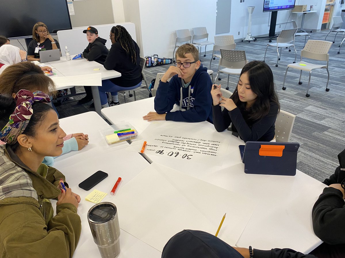 Coach_RCooper's tweet photo. Listening to our @NKCSchools youth plan for their #NKCSDiversityCouncil student leaders are focused on building belonging for EACH student. This requires thinking about who is at the table and who needs to be invited.🥰 No better way to wrap up the week!  ✌🏽❤️ https://t.co/HOcKVISext
