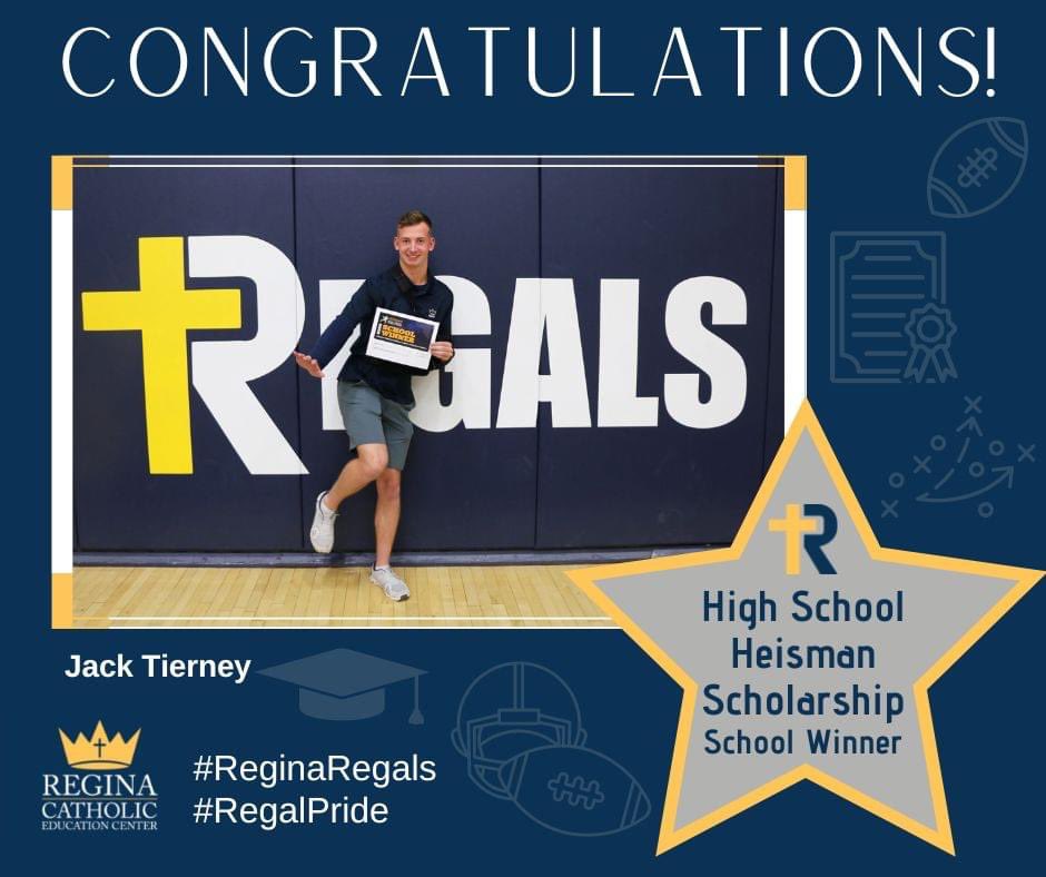 ReginaRegalsAD's tweet photo. Jack Tierney named a 2022 School Winner for the Heisman High School Scholarship. Congratulations JT!!! 👑🏆 https://t.co/L3jEBpB9kN