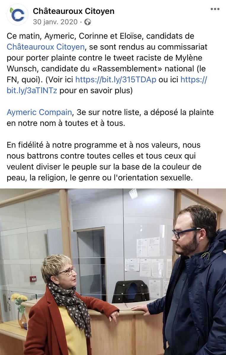 AymericCompain's tweet photo. La conseillère régionale RN @MyleneWunsch soutient le raciste @gdefournas. Rien d’étonnant, j’avais dû porter plainte au nom de @ChtxCitoyen contre un tweet raciste de Madame Wunsch, critiquant que nous ayons mis un homme racisé sur notre programme. Soutien à@BilongoCarlos ! https://t.co/FVcTTPwGkz