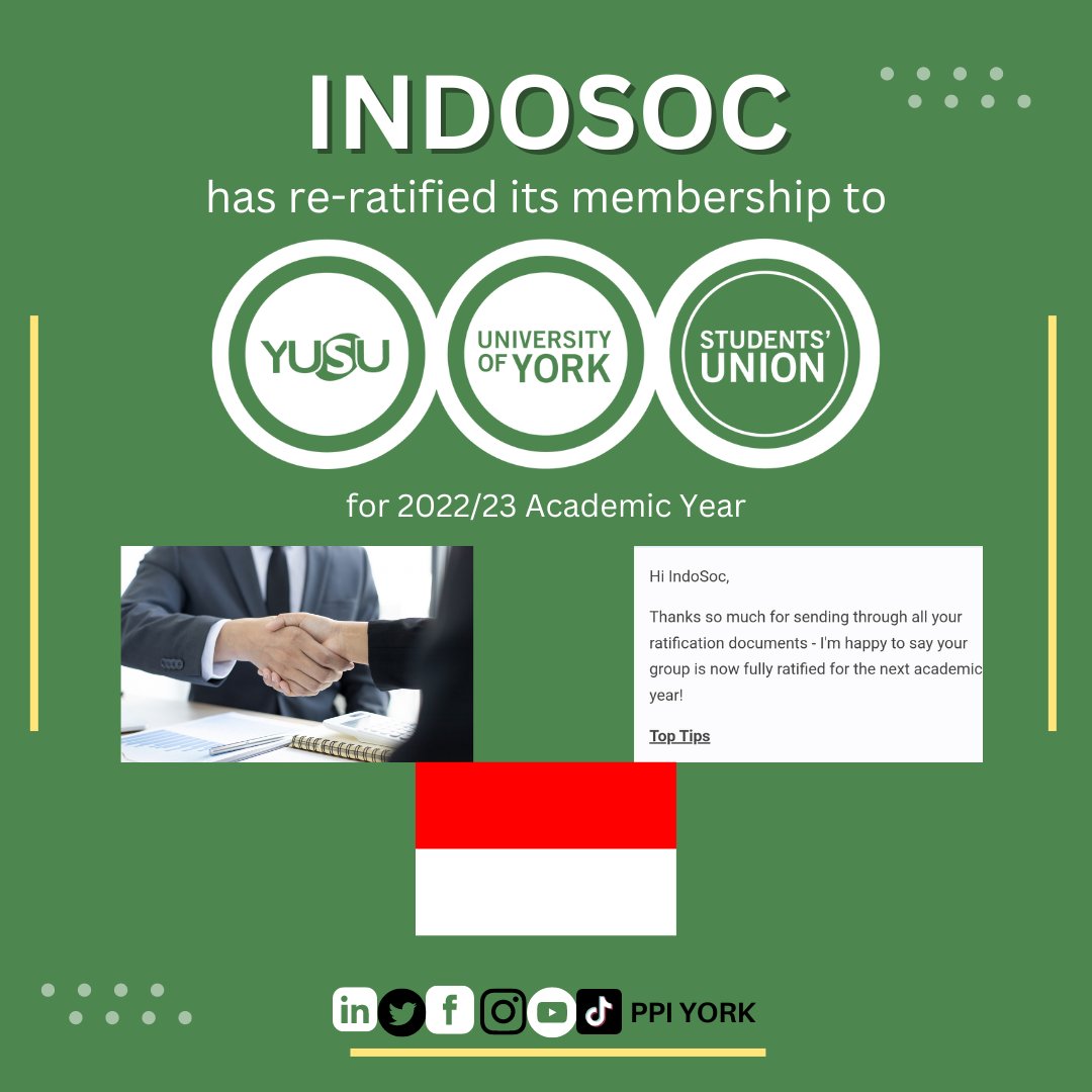 We are humbly and honored to announce that the Indonesian Student Society (IndoSoc) at The University of York has re-ratified its membership in York University Student Union (YUSU) for the 2022/23 Academic Year!