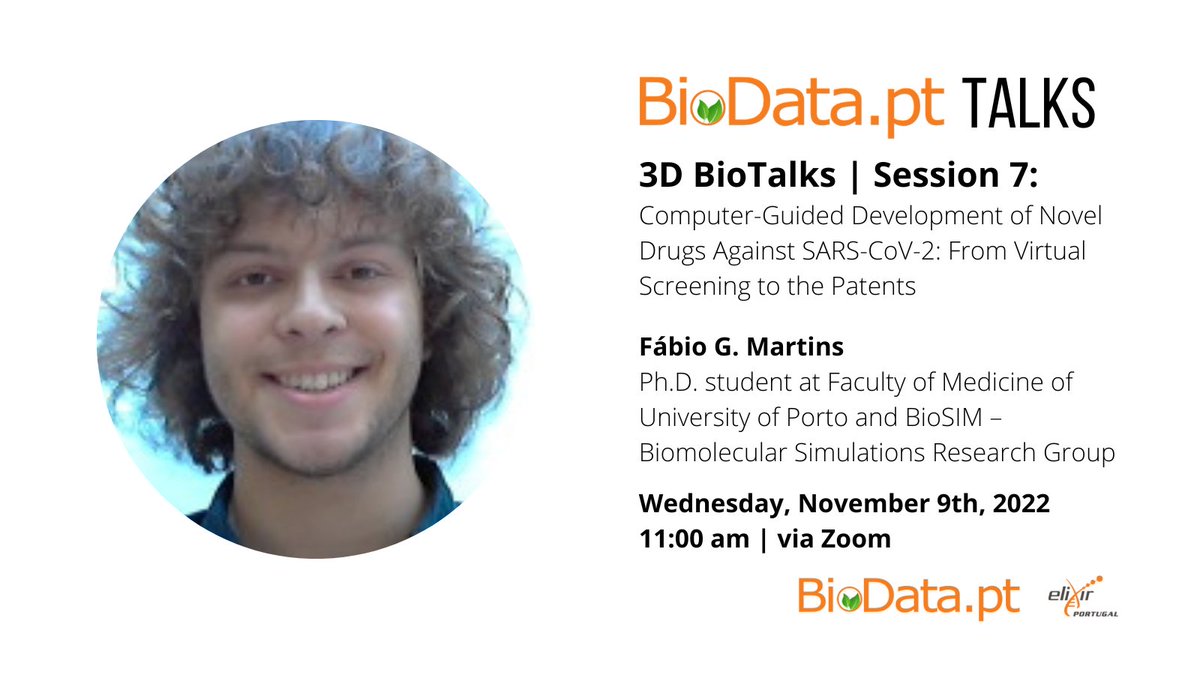 BioDataPT's tweet photo. 📢Registration is open for the next #BioDataPT Talk on Wednesday, November 9th, at 11 am, via Zoom! Fábio Martins, Ph.D. student at @FMUPorto and @BioSimulations Research Group, will present the 7th session of the 3D BioTalks.
Register 👉https://t.co/Ngndb1EUAl
#bioinformatics https://t.co/NK7r5a47G3