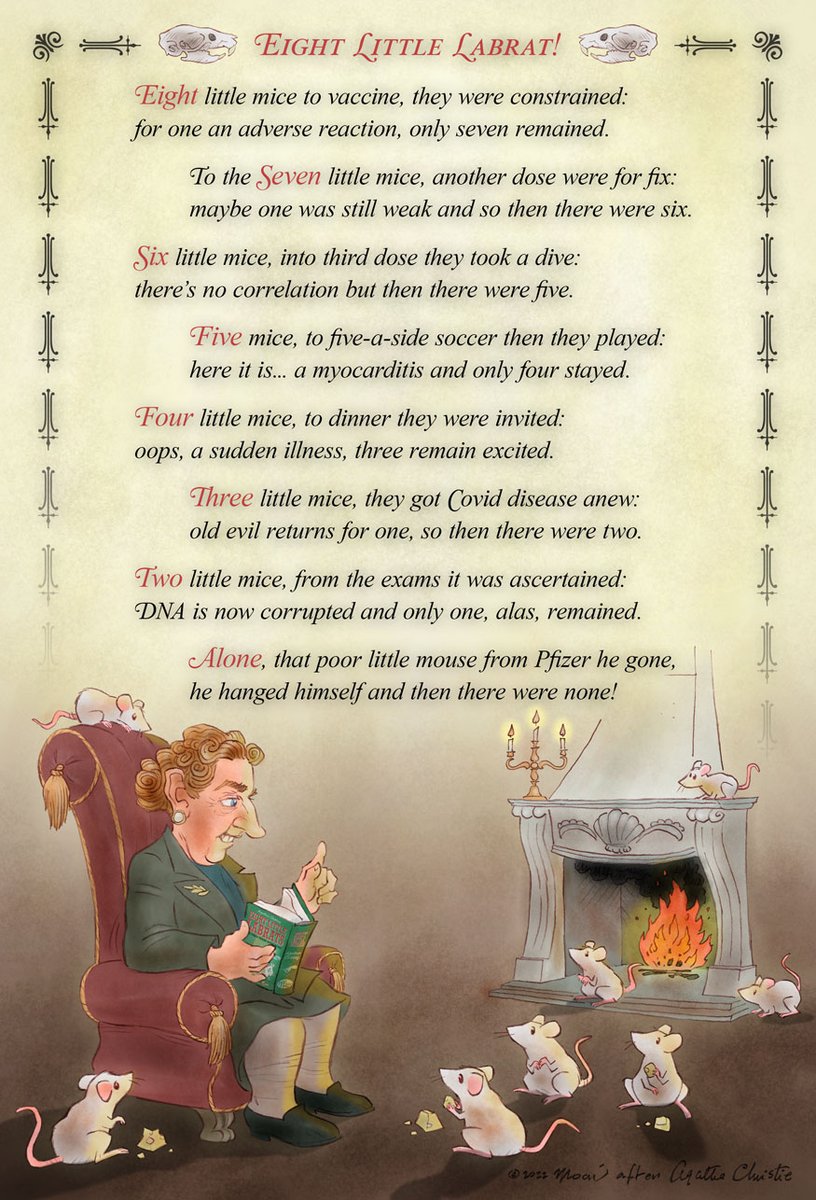 AlterMoai's tweet photo. @DrJamesOlsson #AgathaChristie tells: 📚 #TenLittleIndians / #EightMice
... and then there were none!
#Pfizer #pfizerlied #PfizerGate #EMA #NoVaccineMandates #cartoons https://t.co/sLSdni99yw