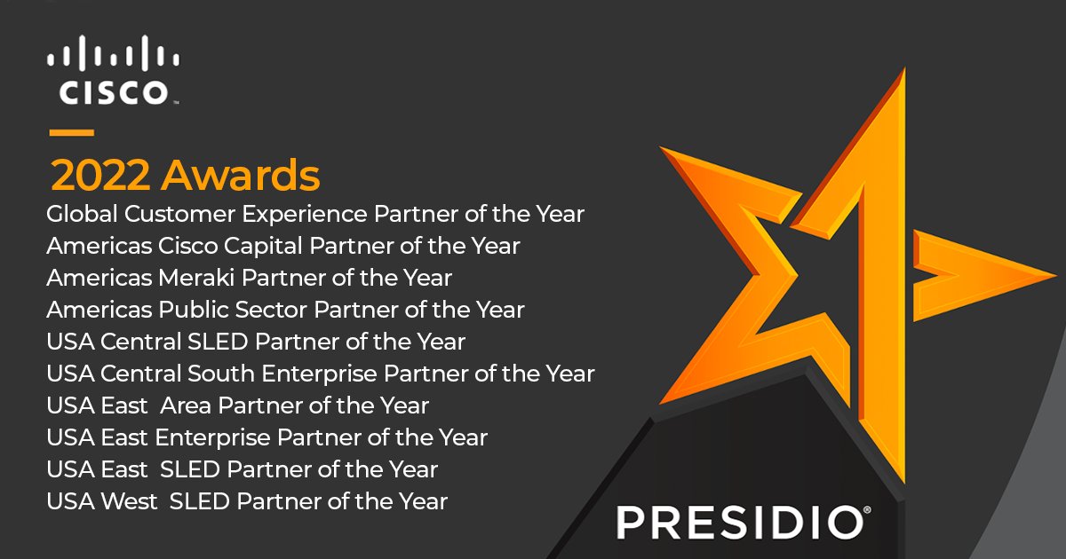 Presidio's tweet photo. Time to celebrate! We were recognized as a 2022 Award Winner in a number of categories at this year’s #CiscoPS22! 🎉 Congrats to the entire Presidio team! https://t.co/mwn355rslF