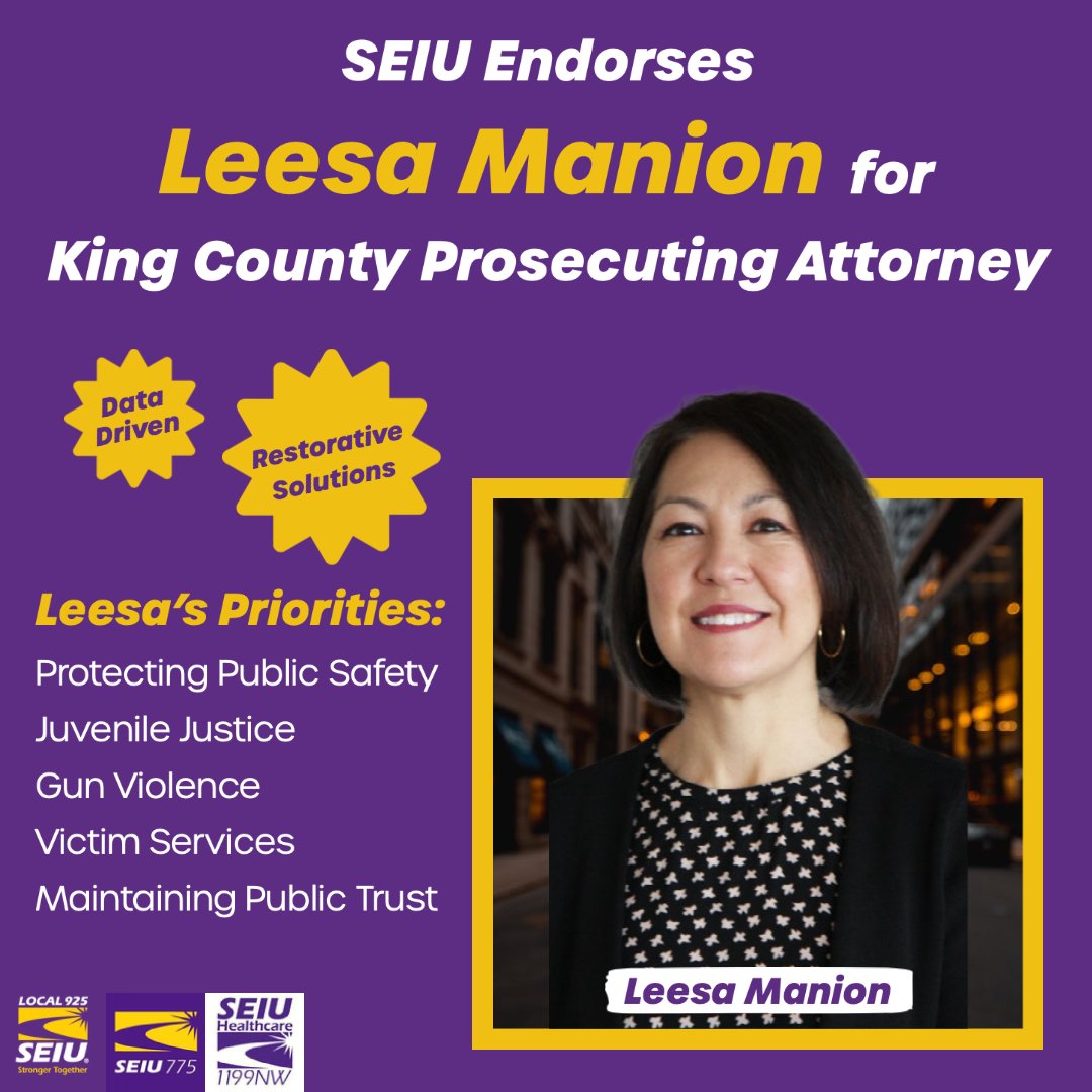 SEIU925's tweet photo. Prosecuting Attorneys decide how we deliver justice and protect our communities. 925 members endorsed Leesa Manion for King County Prosecuting Attorney because she is data-driven and supports restorative solutions that reduce crime. @leesamanion

#waelex #waleg #GOTV https://t.co/eF9fARSLM2