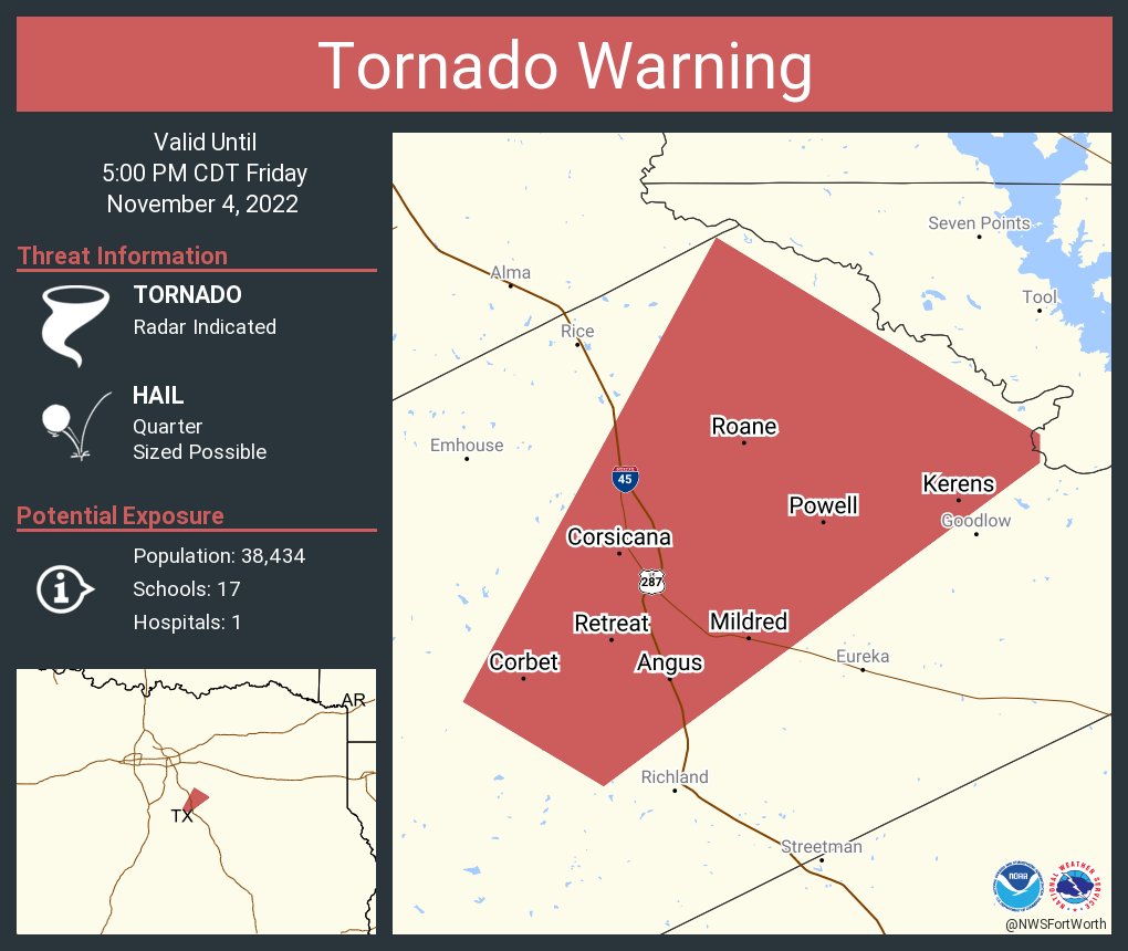 NWS Tornado on Twitter "Tornado Warning continues for Corsicana TX, Kerens TX and Angus TX