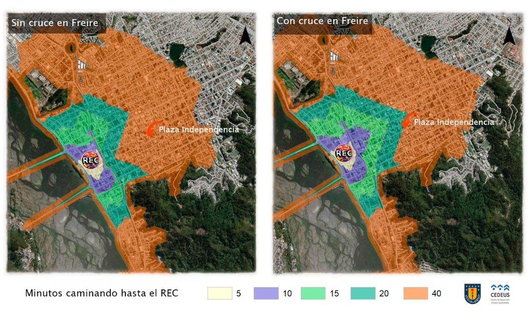 Al REC @RockEnConce vamos caminando. En 40 minutos se puede llegar desde lejos! Desde la Plaza de la independencia de Conce en sólo 20'! Esto gracias al (nuevo) cruce peatonal temporal de la línea del tren frente a Freire. Mapa (isocronas): @idecedeus por Helen de la Fuente.