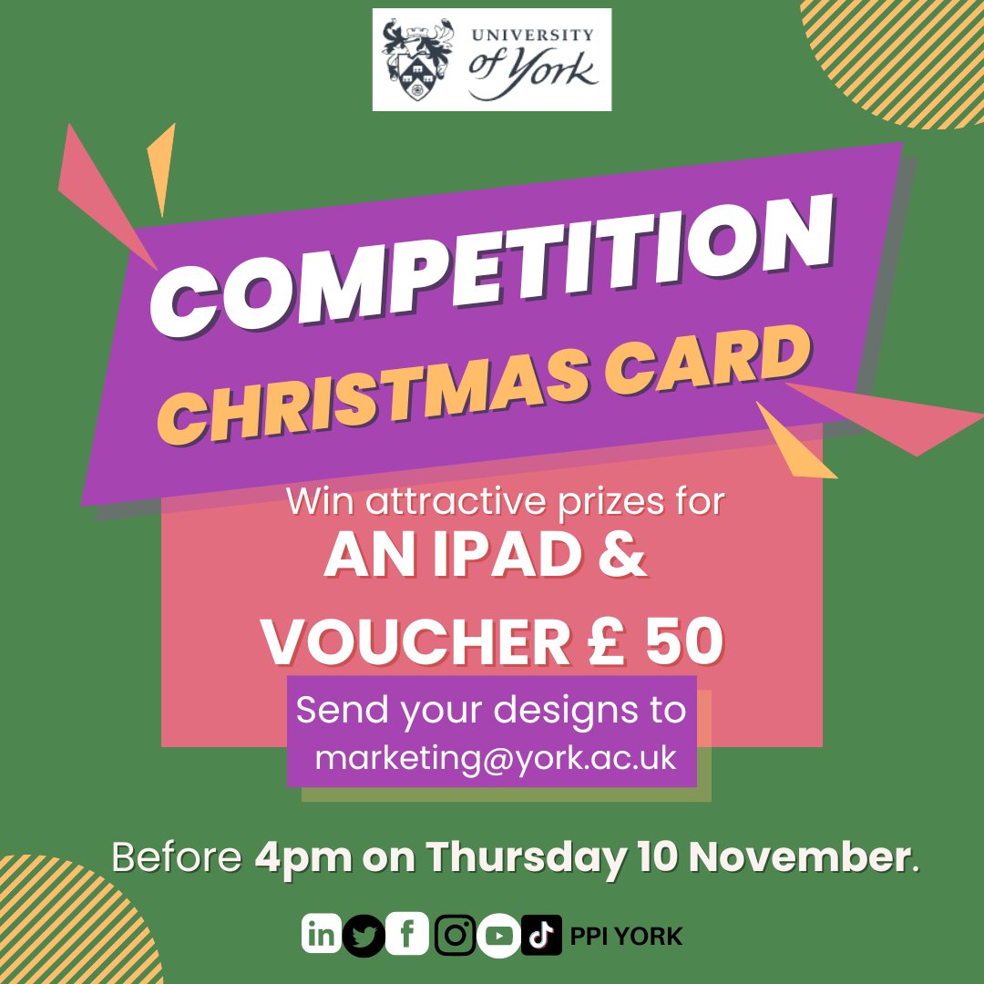 Win an iPad in the VC Christmas card competition

Design or photo to our Christmas card competition for the chance to *win an iPad*. 🥳

Runners up will also get a £50 voucher.

Send your designs to:
marketing@york.ac.uk 

Further  information:
york.ac.uk/students/news/…