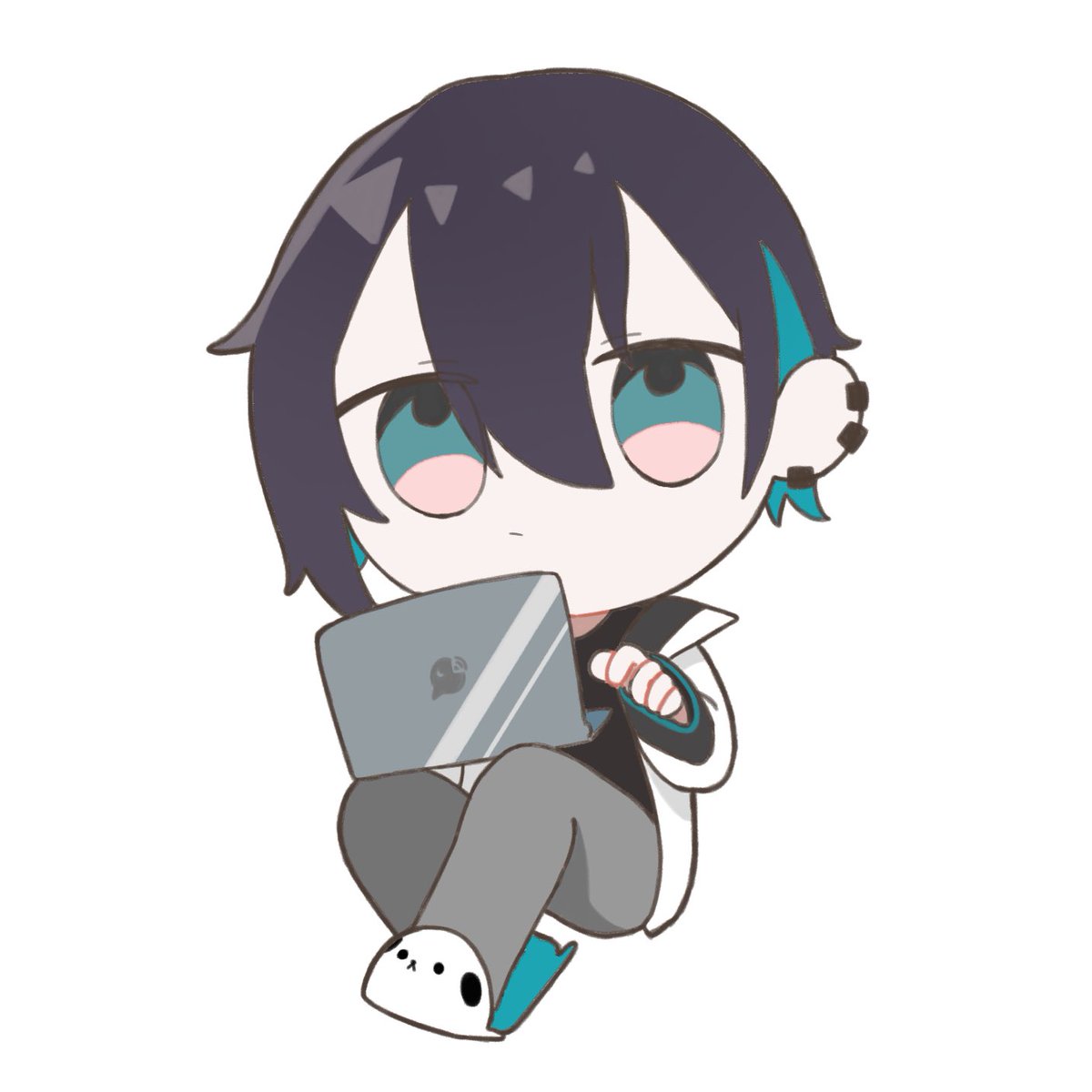 solo laptop chibi male focus 1boy jacket black hair  illustration images