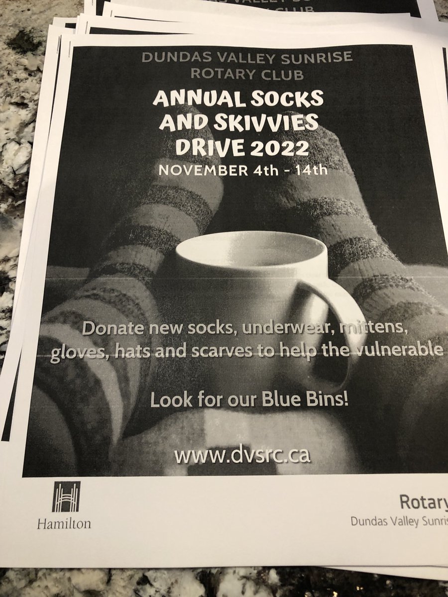 NancyJoBaker's tweet photo. Hey Hamilton area people! November 4-14, 2022. It’s Socks and Skivvies time!! Please help us help those in need in our community.  Blue bins are around town and there is one on my porch.  Thank you. 
⁦Dundas Valley Sunrise Rotary Club https://t.co/RjPWqwLLQD