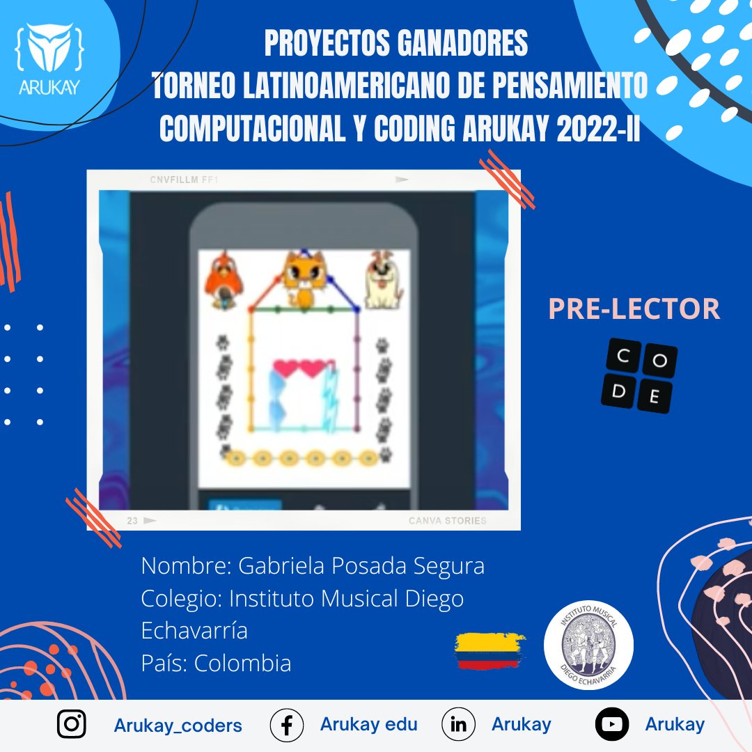 ArukayEdu's tweet image. 🥇 Felicitamos a Gabriela Posada, estudiante del Colegio Instituto Musical Diego Echavarría, Colombia, al ser galardonada con el primer puesto en su categoría, Pre-Lector, luego de realizar proyecto en #TorneodeProgramación. 
#Coding #PensamientoComputacional #EdTech #Arukay