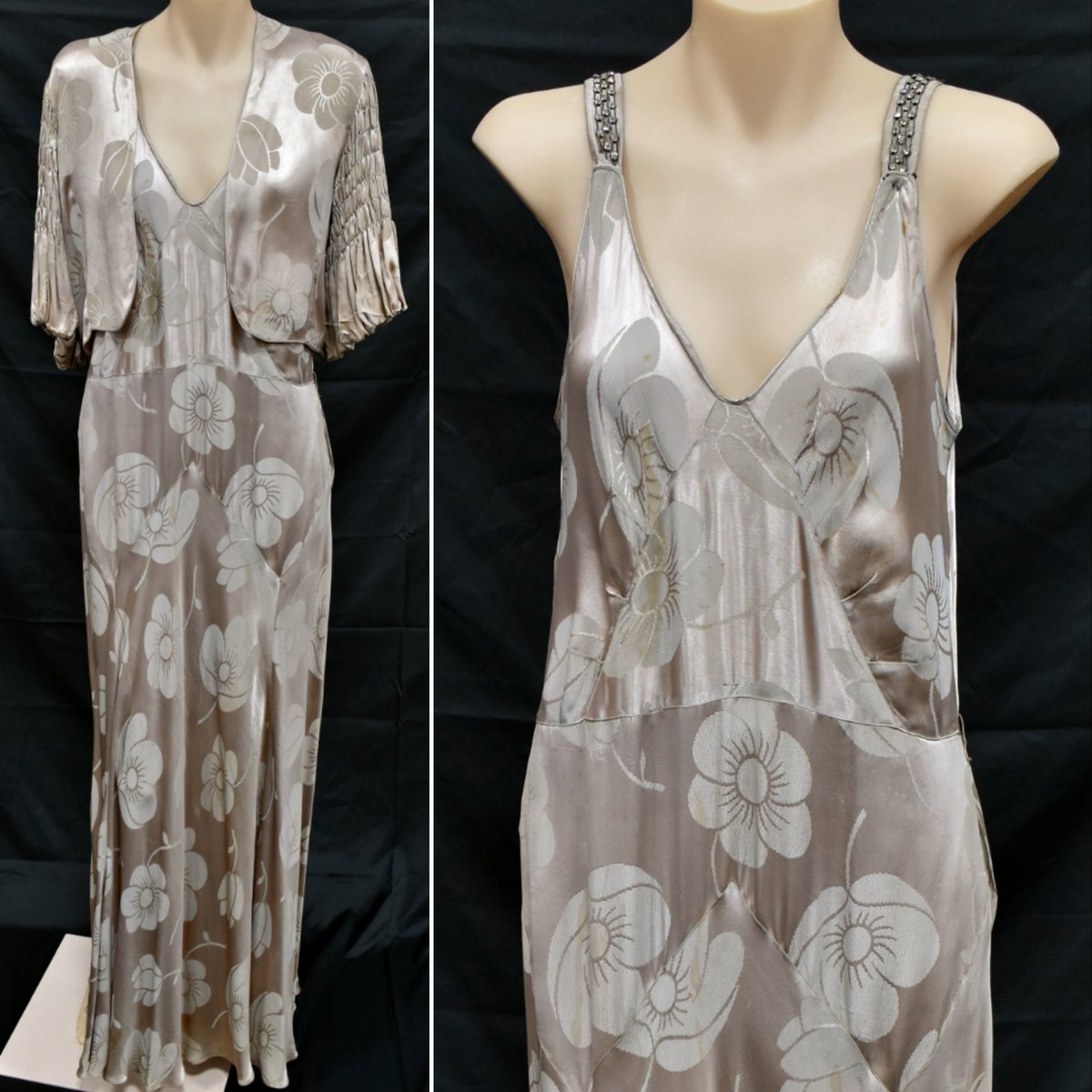 Grey satin evening dress with bolero, 1930s 
#vintagestyle #1930s #fashion