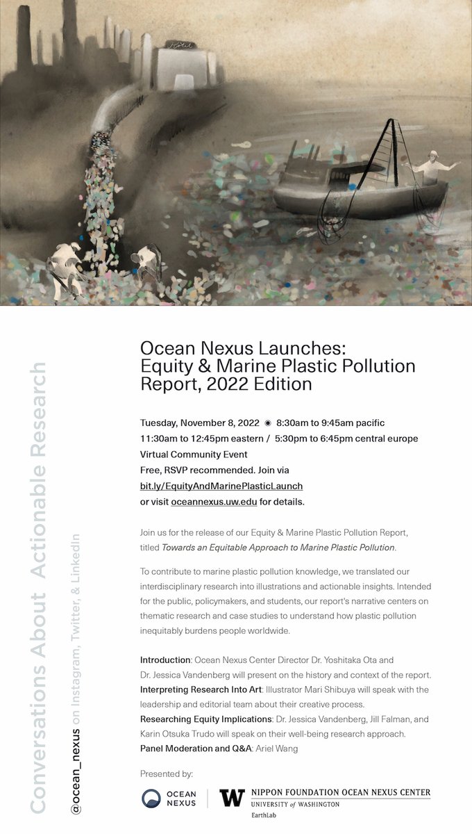 Ocean Nexus (@ocean_nexus) on Twitter photo The <a href="/UW/">University of Washington</a>-based team, led by <a href="/jess_vandenberg/">Jessica Vandenberg</a> and <a href="/OtaYoshitaka/">Nereus Yoshi Ota</a>, worked with local artist Mari Shibuya to produce the "Equity & Marine Plastic Pollution Report." Join us on Nov. 8 at 8:30am PST for the launch of the report!
oceannexus.uw.edu/news-and-event… The <a href="/UW/">University of Washington</a>-based team, led by <a href="/jess_vandenberg/">Jessica Vandenberg</a> and <a href="/OtaYoshitaka/">Nereus Yoshi Ota</a>, worked with local artist Mari Shibuya to produce the "Equity & Marine Plastic Pollution Report." Join us on Nov. 8 at 8:30am PST for the launch of the report!
oceannexus.uw.edu/news-and-event…