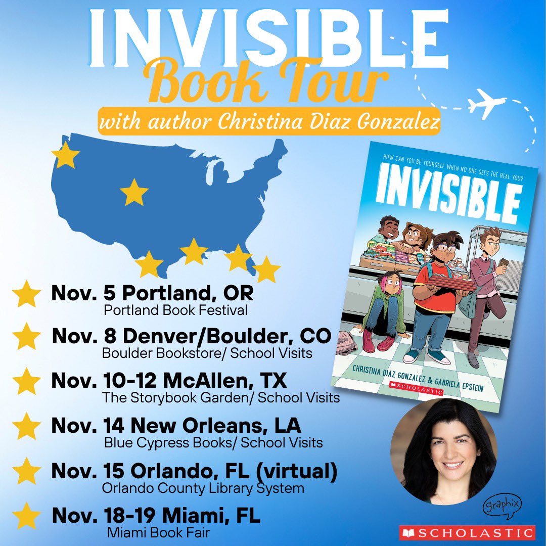 Christina D Gonzalez (@christinadg) on Twitter photo My coast-to-coast book tour for INVISIBLE starts tomorrow w/the Portland Book Festival. Looking forward to connecting w/readers across the country. Thx indie bookstores for all your support.📚❤️ #GraphicNovel #booktour #booktwitter
(GN illus by <a href="/pichikui/">Gabriela Rodríguez Epstein</a> w/color by <a href="/larkpien/">lark pien</a>) My coast-to-coast book tour for INVISIBLE starts tomorrow w/the Portland Book Festival. Looking forward to connecting w/readers across the country. Thx indie bookstores for all your support.📚❤️ #GraphicNovel #booktour #booktwitter
(GN illus by <a href="/pichikui/">Gabriela Rodríguez Epstein</a> w/color by <a href="/larkpien/">lark pien</a>)