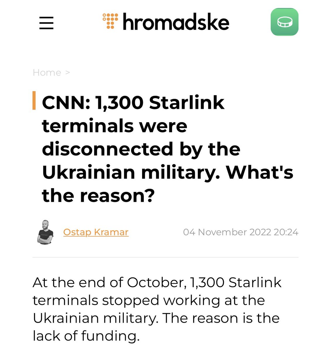 "At the end of Oct, 1,300 <a href="/SpaceX/">SpaceX</a> Starlink terminals stopped working at the Ukrainian military. Reason? Lack of funding.
CNN believes that the disconnected 1,300 terminals are a significant part [of the 4,000 terminals used by 🇺🇦 military]..." edition.cnn.com/2022/11/04/pol…