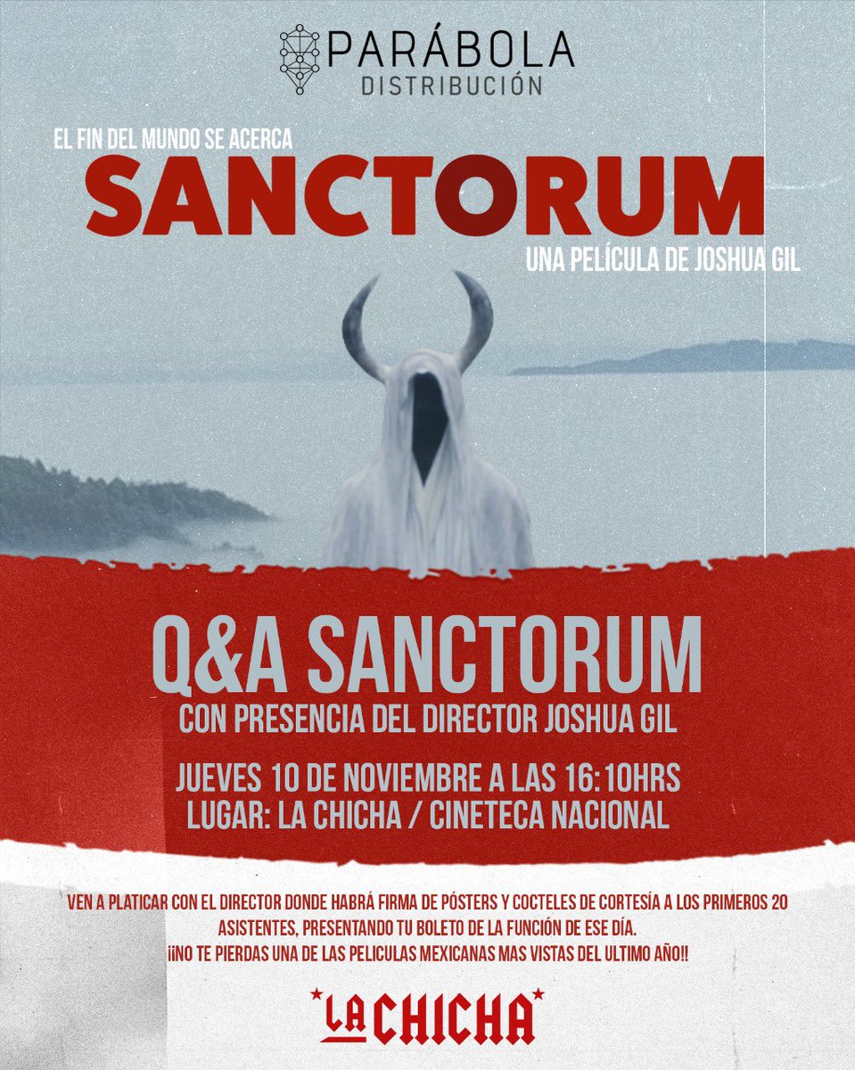 🔥 Este jueves 10 de Noviembre tenemos una función muy especial dentro de las instalaciones de la #CinetecaNacional 🔥 Prepárense porque podrán platicar con el director de #Sanctorum #JoshuaGil 🍀 además habrá cóctel de cortesía para las primeras personas