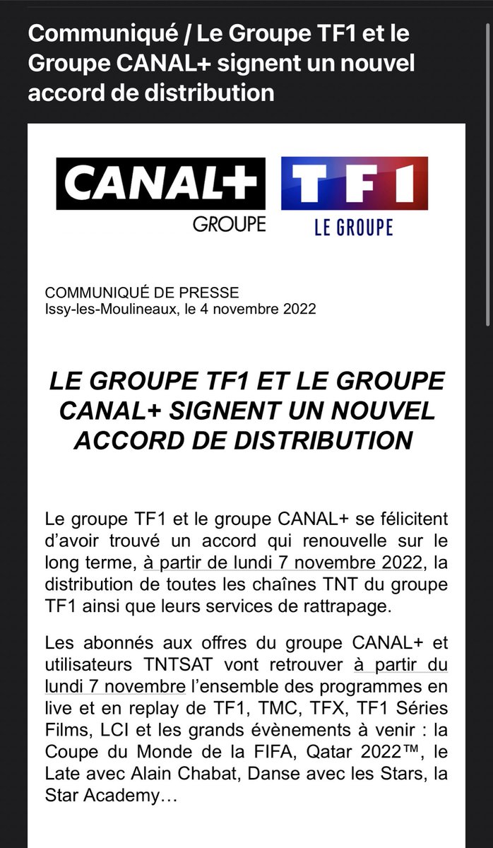 Coup dur pour Molotov : TF1 revient sur Canal+ et myCANAL le 7 novembre. Sans surprise, la Coupe du monde a sûrement servi à accélérer les discussions.