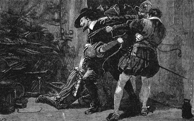 1605年11月5日、イングランド貴族院議会を爆破しようとするガイ・フォークスらカトリック信徒の陰謀が発覚し、ガイ・フォークスが捕らえられ連行される。国王ジェームズ1世の反カトリック政策に反発して計画された陰謀は、後に火薬陰謀事件(Gunpowder Plot)と呼ばれることになった。 