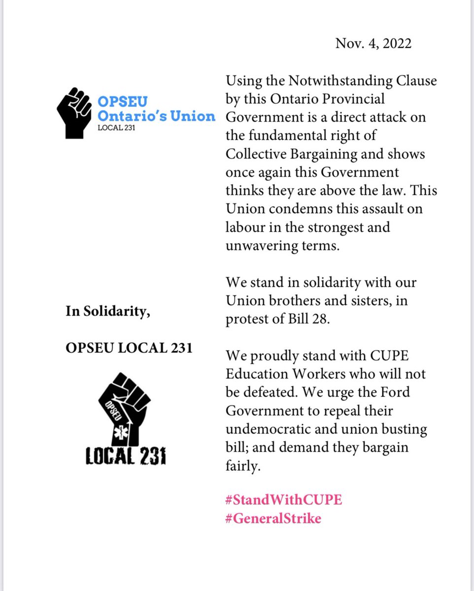 local231opseu's tweet photo. We stand in support of @CUPEOntario . Below is a letter from Executive Committee directed at @fordnation and @Sflecce . In case you didn’t know, you are at the find out stage. #StandWithCupe #EducationMatters #GeneralStrike https://t.co/zwl03qblAj