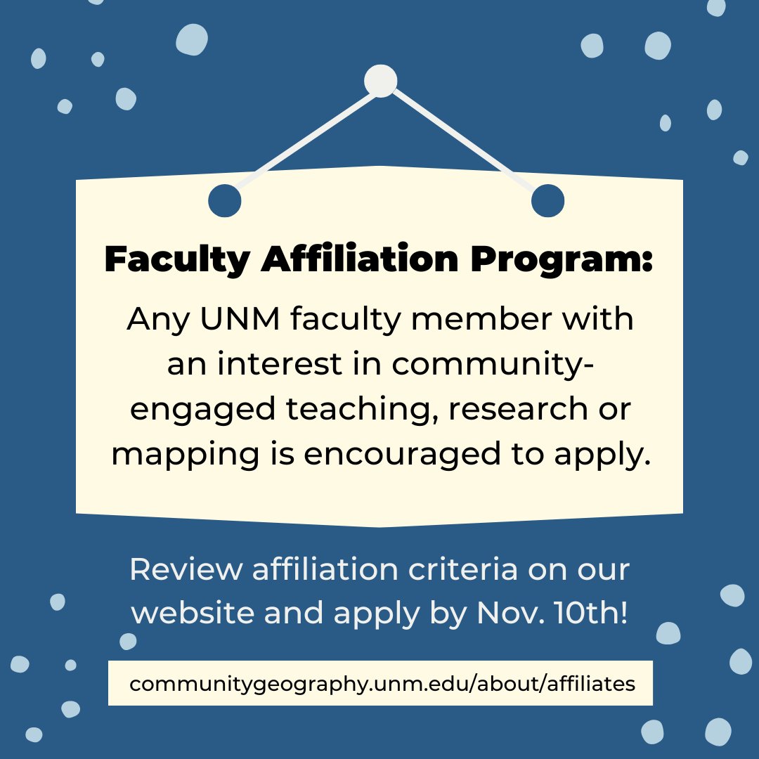 The Center is now accepting applications for faculty affiliation. 🎉Any UNM faculty member with an interest in community-engaged teaching, research, or mapping is encouraged to review the affiliation criteria on our website and apply. 👩‍🏫👩‍🔬🙋‍♀️

➡More info: communitygeography.unm.edu/about/affiliat…