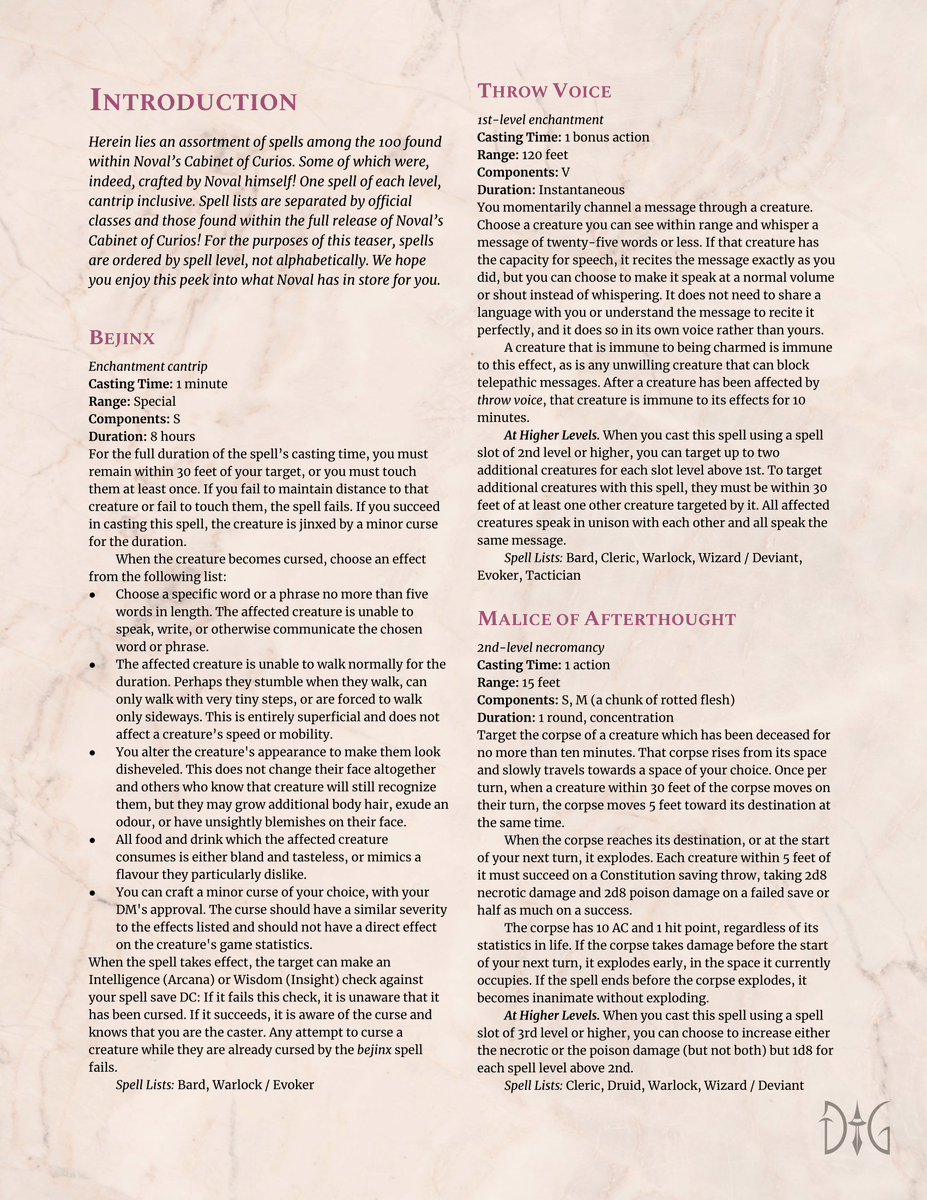 DichotomyGames_'s tweet photo. Spells for all you casters out there!
If you like what you see, find 100+ just like these in Noval's Cabinet of Curios:
https://t.co/XObqrzyvEY

Obligatory tags:
#dnd #dnd5e #dungeonsanddragons #Kickstarter #kickstartercampaign #ttrpg #homebrew #5e #cabinetofcurios https://t.co/QDXnhjHX5h