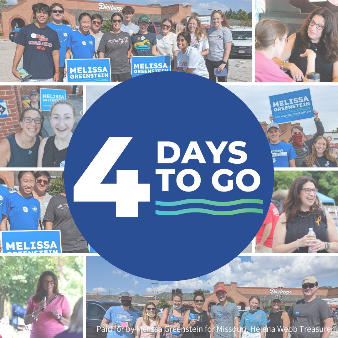 Melissa4MO's tweet photo. There are only 4 days left until Election Day, and Get Out the Vote Weekend has begun! Can I count on you to help us get voters to the polls? Join us here: https://t.co/WAP58s8jJ7

#GoWithGreenstein #MOLeg https://t.co/ijUMPlca92