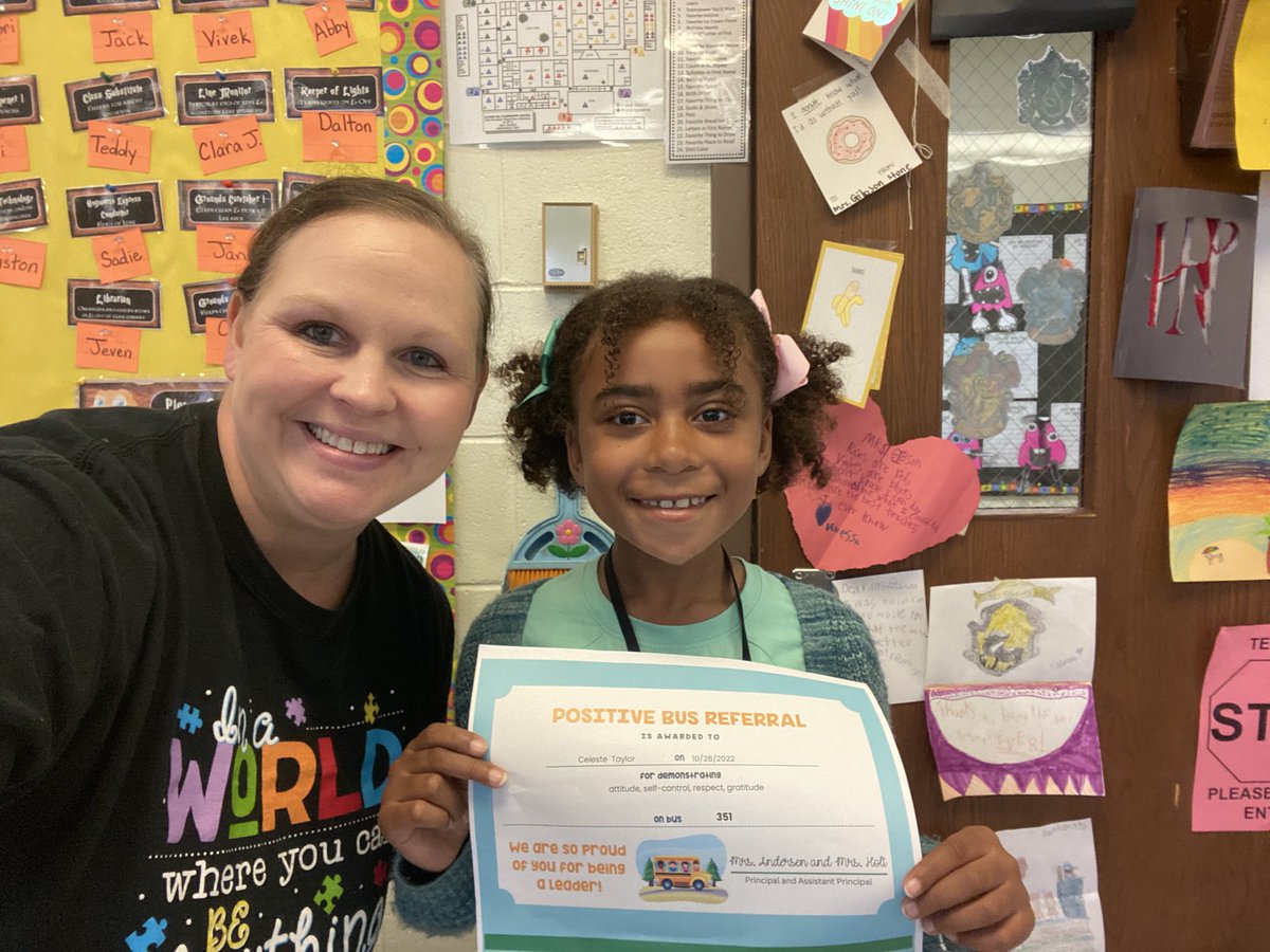 AHolt_educ8's tweet photo. Proud of these 2 leaders!  Positive bus and positive office referral! @CloverHillES @KarynAndersen #oneccps https://t.co/B6P7rbUOVV