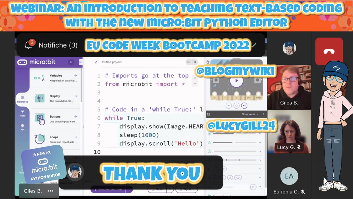 c_serio's tweet image. Let's get coding! Thank you all for the wonderful MOOC you have made. #CodeWeekBootcamp @microbit_edu #Python @abfromz #codeweek #MOOC @eugenia_eun @tommaso_eun @CodeWeekEU #python #microbit @LucyGill24 @blogmywiki @eu_schoolnet