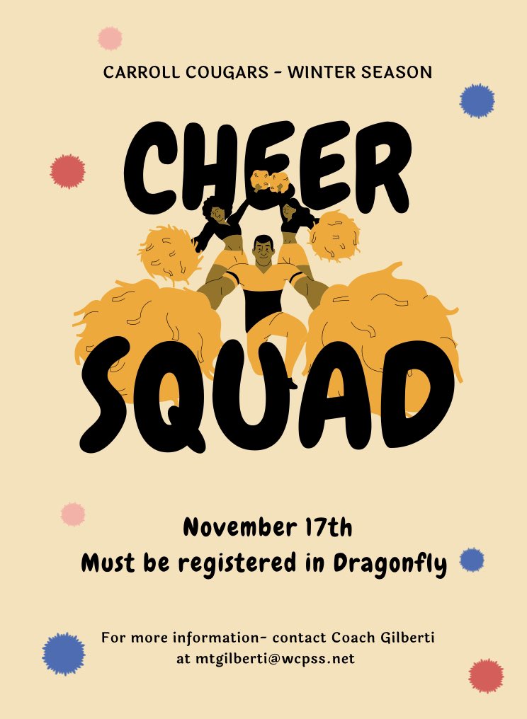 CSchannauer's tweet image. HEY CARROLL COUGARS!!

📣 Winter season cheer tryouts will be Thursday 11/17 and Friday 11/18! 

✅ All cheer material will be taught at tryouts!

⚠️ Students MUST be registered in Dragonfly!

@CMMSAthletics @CMMSAD @CMMSCougars @CMMSPTA @GilbertiCMMS