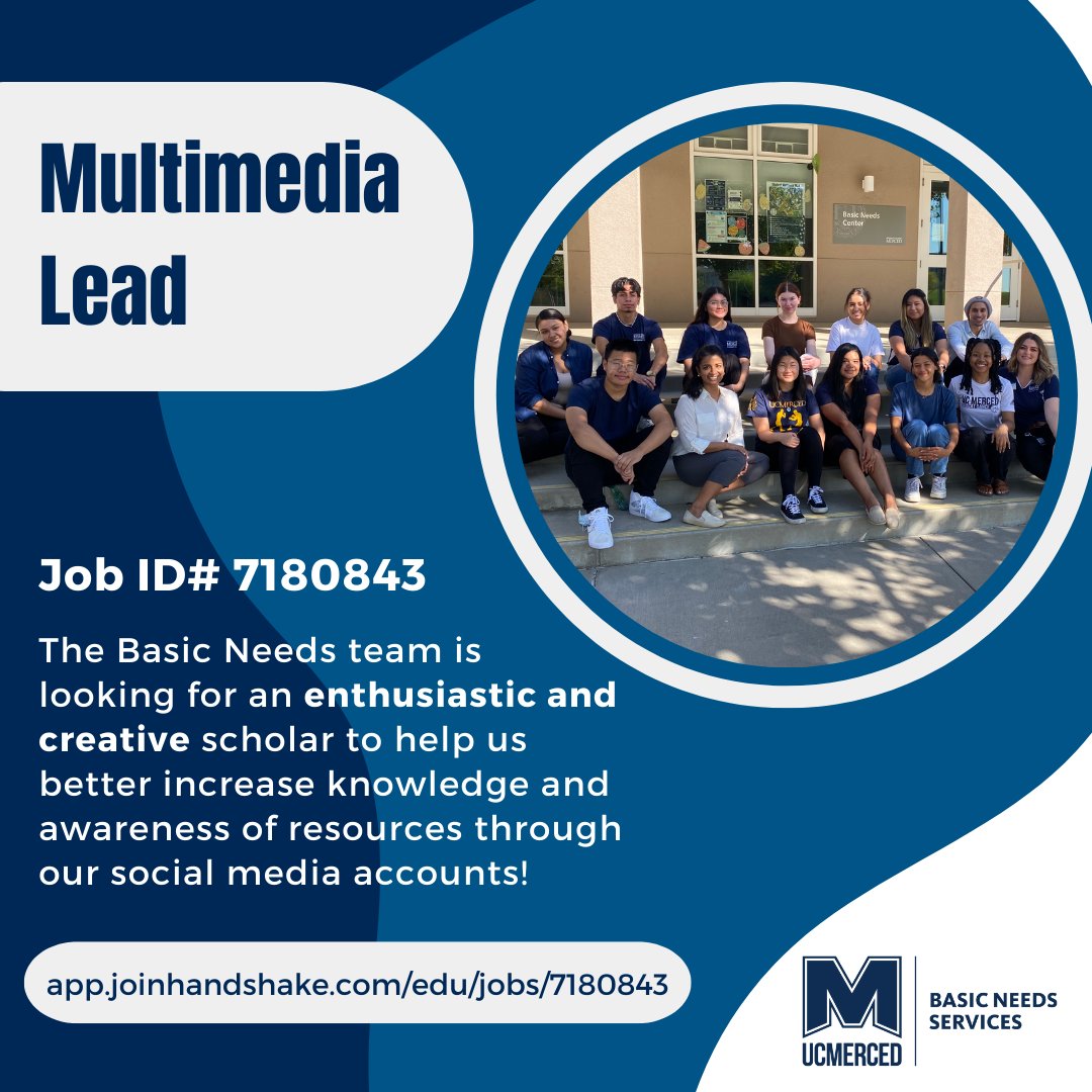 UCMBasicNeeds's tweet photo. We are hiring! Join our Basic Needs team this Fall! We are looking for two student lead positions! 

Love making captivating social media content? Always wanted to gain experience in social media content creation? Then apply to our Multimedia Lead position! https://t.co/Vz45Na5CwC