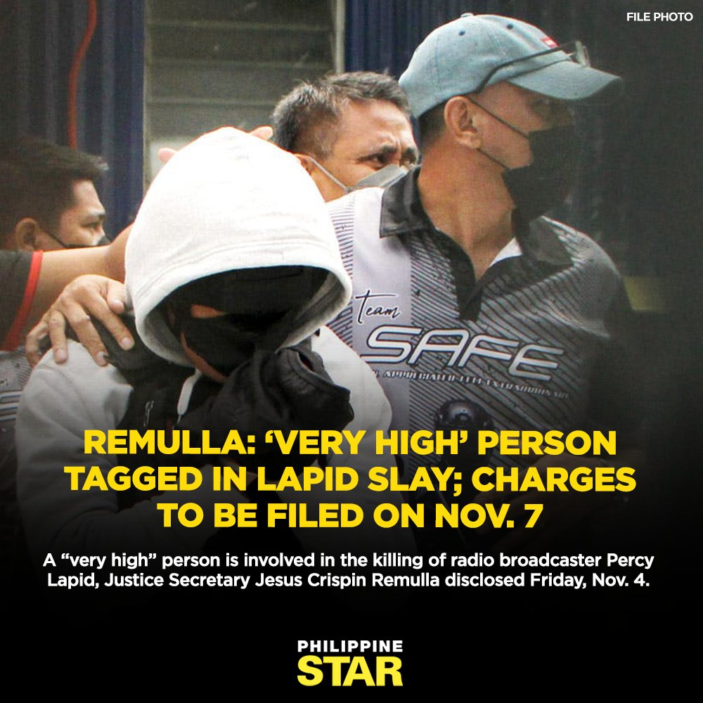 PhilippineStar's tweet photo. “Very high in the chain of Percy Lapid case,” Remulla told reporters when asked about the identity of the mastermind in the killing of Lapid (real name Percival Mabasa) and alleged middleman Cristito “Jun” Villamor. https://t.co/j1Zco10kLY https://t.co/s1QBy8lWex
