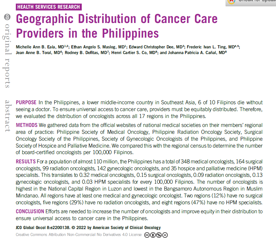 Michelle Ann B. Eala, MD 🇵🇭 (@michelleealamd) on Twitter photo We have <1 med onc, surg onc, rad onc, gyn onc, & palliative doc for every 100k Filipinos. We need more oncologists & we must ensure equity in the #Philippines 🇵🇭
<a href="/isaiditsethan/">ETHAN</a> <a href="/EChrisDee/">Edward Christopher "Chris" Dee, MD</a> <a href="/fredtingmd/">Fred Ting</a> <a href="/joie_purplemd/">Johanna Patricia A. Cañal</a> <a href="/JCOGO_ASCO/">JCO Global Oncology</a>
ascopubs.org/doi/abs/10.120… We have <1 med onc, surg onc, rad onc, gyn onc, & palliative doc for every 100k Filipinos. We need more oncologists & we must ensure equity in the #Philippines 🇵🇭
<a href="/isaiditsethan/">ETHAN</a> <a href="/EChrisDee/">Edward Christopher "Chris" Dee, MD</a> <a href="/fredtingmd/">Fred Ting</a> <a href="/joie_purplemd/">Johanna Patricia A. Cañal</a> <a href="/JCOGO_ASCO/">JCO Global Oncology</a>
ascopubs.org/doi/abs/10.120…