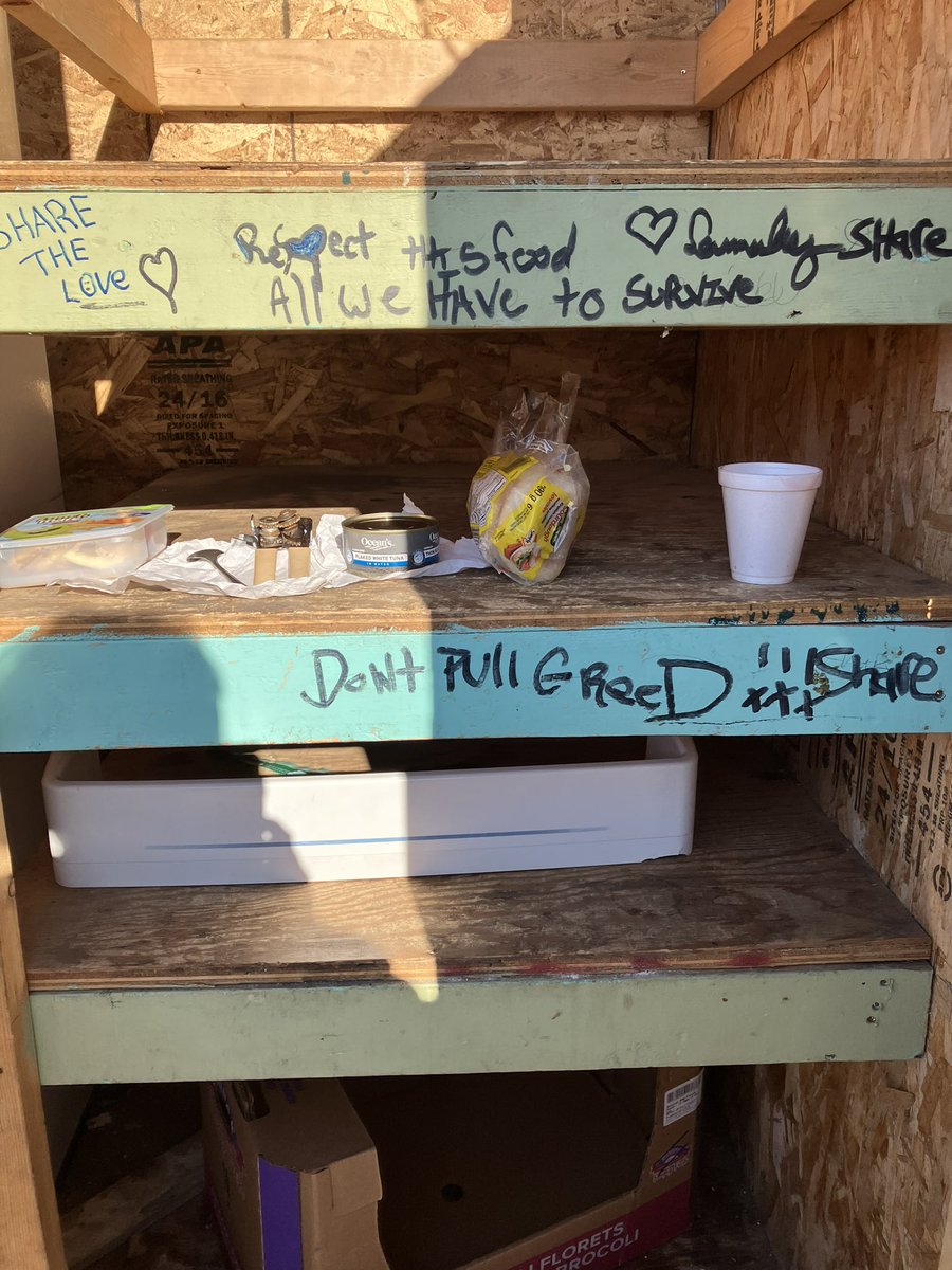 Jocmartel's tweet photo. Community fridge - empty. And shelves are sparse. Winter is near.  Resource bins are close to empty everywhere. Please give generously. https://t.co/SlUT16aoqG