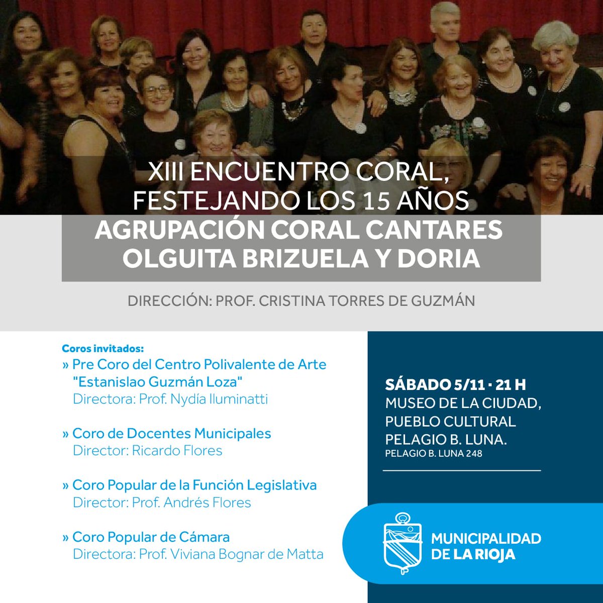 Este sábado 5 de noviembre celebraremos 15 años de la Agrupación Coral Cantantes Olguita Brizuela y Doria.‼️

Acercate al Museo de la Ciudad a partir de las 21 hs. para disfrutar del arte del canto 👏🏻
