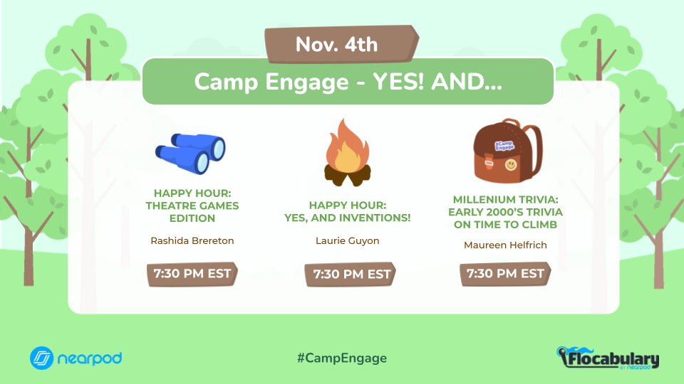 🎉 Here are the last #CampEngage sessions of the day - Happy Hour edition! 🥤

🎭 Happy Hour: Theatre Games Edition
💡 Happy Hour: Yes, And Inventions!
👩‍🎤 Millennium Trivia: Early 2000's Trivia on Time to Climb

💙 bit.ly/3ODY1xM