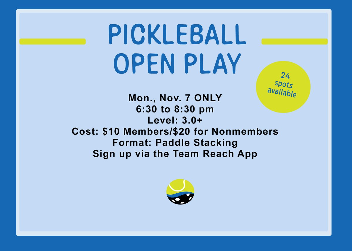 GenesisClayview's tweet photo. Join us for Open Play on Mon., Nov. 7 at 6:30 to 8:30 pm! Sign up is via the Team Reach app. https://t.co/wh9gxovUDu
